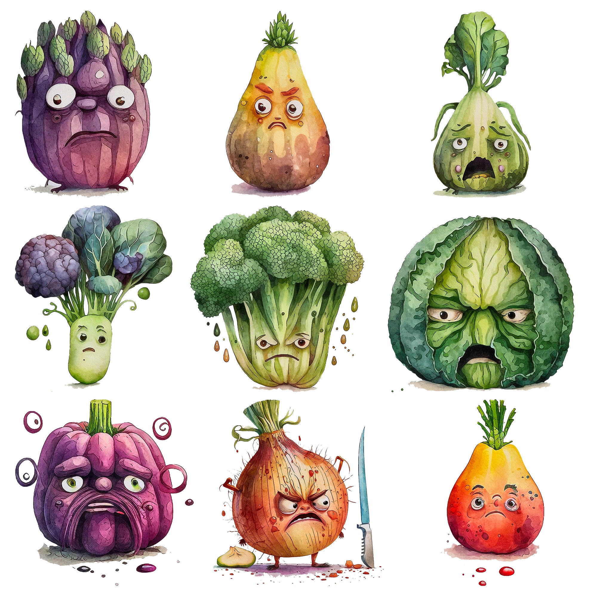 Grumpy Vegetables Clipart: Funny Watercolor Veggies (25 PNG Images ...