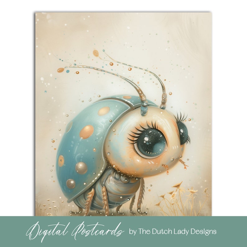 Digital postcard and poster designs. Art print designs for crafting, printing, personal and commercial use. A cute garden bug theme. Soft gouache art prints. Pastel colors. 10 JPEG files in size 3000x4200 pixels. Beetles, honey bee, worm, caterpillar