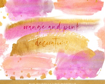 Orange & Pink Watercolor Decoration Clipart Set - Waterpaint Smears - Paint Texture - Golden Decorations - INSTANT DOWNLOAD - 25 .PNG Files