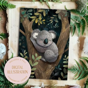Illustration numérique d'ours koala endormi, eucalyptus, impression de chambre d'enfant mignonne, art de livre de contes pour enfants, conception de carte postale, TÉLÉCHARGEMENT IMMÉDIAT