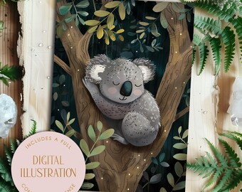 Sleeping Koala Bear Illustration: Eucalyptus Tree Nursery Art (Digital Download)