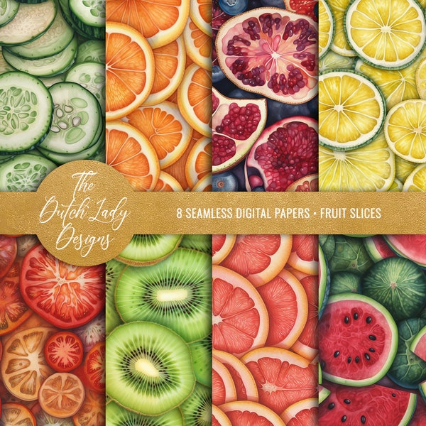 Fruit Slice Digital Backgrounds - Printable Scrapbook Paper - Seamless Watercolor Pencil Pattern - Veggies - INSTANT DOWNLOAD - 8 JPEG Files