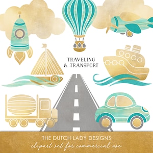 Vervoer & Reizen Clipart Set - Gouden Beelden - Auto - Boot - Vliegtuig - Weg - Trein - Ballon - INSTANT DOWNLOAD - 23 .PNG Afbeeldingen
