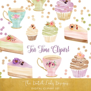 Watercolor Tea Time Clipart Set - Cake, Cupcakes, Teacups & Confetti Overlays - Soft Pastels and Gold - INSTANT DOWNLOAD - 20 .PNG Images