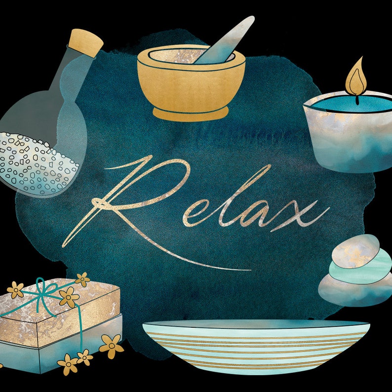 May include: A teal watercolor background with the word "Relax" in gold script.  There are several spa-related items, including a mortar and pestle, a candle, a bowl, a gift box, and stones.