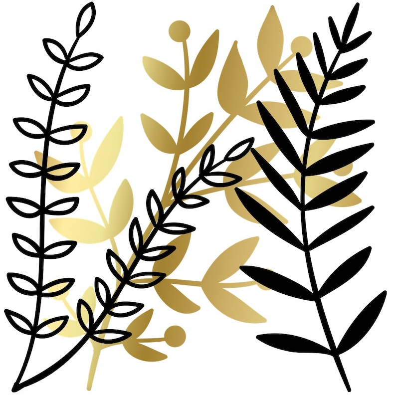 Black /& White Branch and Leaf Clipart Set 60 .PNG Files INSTANT DOWNLOAD Gold