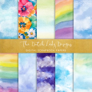 Watercolor Rainbow Scrapbook Paper: Canvas Texture, Cloud & Floral (Digital Download)