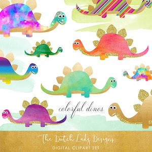 May include: A set of colorful watercolor dinosaur illustrations with gold glitter accents. The dinosaurs are in various poses and colors, including green, blue, pink, orange, and purple. The text "colorful dinos" is written in cursive at the bottom of the image.