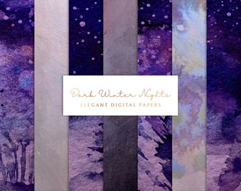 Digital Scrapbook Paper Set - Printable Backgrounds - Winter & Christmas Night Skies - Purple - Blue - 7 .JPEG Files - INSTANT DOWNLOAD