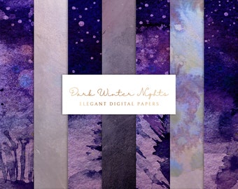 Winter Night Sky Digital Paper: Purple Blue Scrapbook Backgrounds (Digital Download)