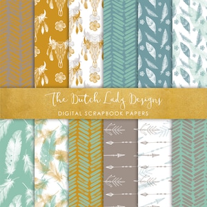 Digitaal plakboek papier - Boho &etnische aquarel stijl patronen - Boho Design - commercieel gebruik - 12 JPEG-bestanden - INSTANT DOWNLOAD