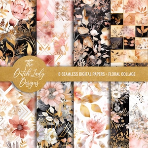Floral Collage digitale Hintergründe - Druckbare Scrapbook Papiere - nahtlose Muster - Aquarell Blumen - SOFORTIGER DOWNLOAD - 8 JPEG Dateien
