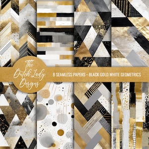 Fondos digitales geométricos sin costuras - Papeles de álbum de recortes imprimibles - Patrones abstractos - Blanco dorado negro - DESCARGA INSTANTE - 8 archivos JPEG