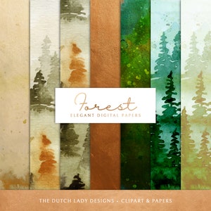 May include: Set of six digital papers featuring watercolor forest scenes in shades of green, brown, and gold. The papers are titled "Forest Elegant Digital Papers".