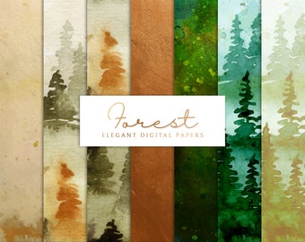 Watercolor Forest Digital Paper: Green, Gold, Copper Backgrounds (JPEG Files - Digital Download)