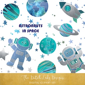 Space & Galaxy Clipart Set - Immagini di astronauti, razzi, pianeti e stelle carine - In argento, blu e verde acqua - DOWNLOAD ISTANTANEO - 22 immagini .PNG