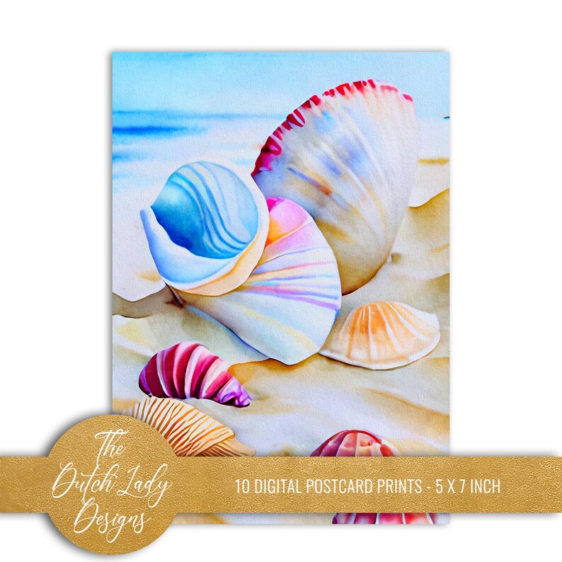 Seashell Beach Postcard Poster Set: Colorful Sea Art (10 JPEG Files ...