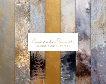 Concrete Forest Digital Paper: Gold, Gray, Blue Textures (Digital Download)