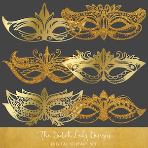 Karneval & Mardi Gras Masken Clipart Set - Golden Sparkle - New Orleans Masken - Kommerzielle Nutzung erlaubt - INSTANT DOWNLOAD - 24 .PNG Bilder