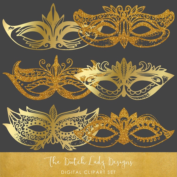 Carnival & Mardi Gras Masks Clipart Set - Golden Sparkle - New Orleans Masks - Commercial Use Allowed - INSTANT DOWNLOAD - 24 .PNG Images