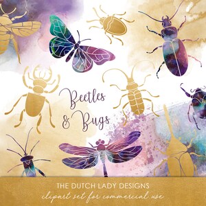 May include: A digital clipart set of watercolor-style beetles and bugs in gold and purple hues. The set includes a butterfly, dragonfly, and various beetles. The text "Beetles & Bugs" is written in purple script. The text "THE DUTCH LADY DESIGNS clipart set for commercial use" is written in gold at the bottom of the image.