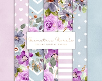 Floral Geometric Digital Paper: Lavender Scrapbook Backgrounds (JPEG Files)
