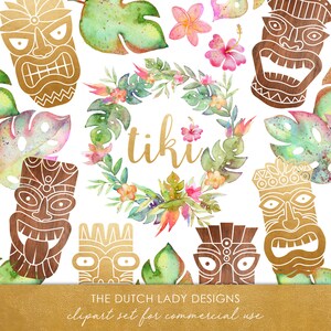 Tiki Masken Clipart Set - Hawaiianische Masken - Tropisch - Dschungel - Blatt - Blume - Aquarell - Holz - Gold - INSTANT DOWNLOAD - 30 .PNG Dateien