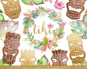 Watercolor Tiki Mask Clipart: Hawaiian Floral PNG Set (Digital Download)