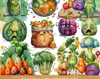 Grumpy Vegetables Clipart: Funny Watercolor Veggies (25 PNG Images) (Instant Download)