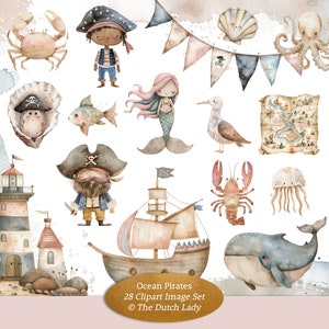 Ozeanpiraten-Clipart-Set, niedliche Meerestiere, nautische Kinderillustrationen, Strandfunde, Schatzkarte und Truhe, Wimpelkette, SOFORT-DOWNLOAD-Dateien