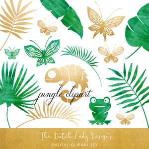 Jungle Clipart Set - Groene Aquarel &Goud - Kameleon, Kikker, Bladeren, Planten, Vlinders - INSTANT DOWNLOAD - 30 .PNG Files