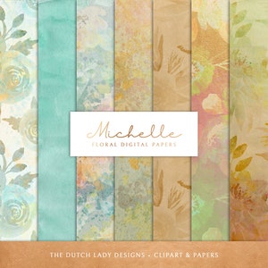 Digitales Scrapbook Papier Set - druckbare Papiere - Florale Hintergründe - Blumenmuster - Aqua - Gold - 7 . JPEG Dateien - SOFORTIGER DOWNLOAD