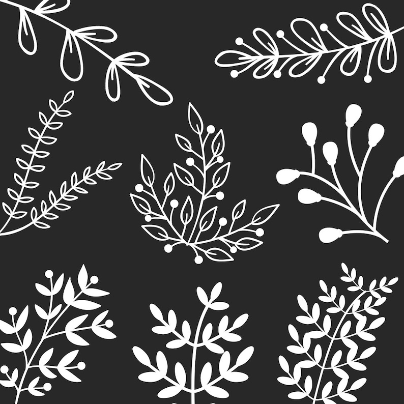 Black /& White Branch and Leaf Clipart Set 60 .PNG Files INSTANT DOWNLOAD Gold