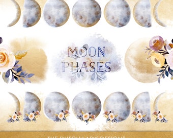 Watercolor Moon Phases Clipart Set: Floral Moon Images (PNG Files) (Instant Download)