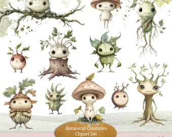 Whimsical Botanical Creatures Clipart: Fantasy Nature Graphics (Instant Download)