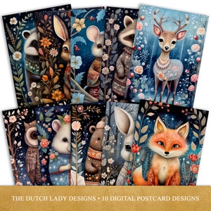 Woodland Folk Art Animals Postkarten- und Poster-Set, Grußkarten, Winterwald-Kunstdrucke, Weihnachten, 10 JPEGs, SOFORT-DOWNLOAD