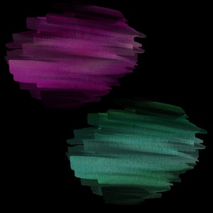 May include: Two abstract brushstrokes on a black background. The top brushstroke is a dark pink and purple color. The bottom brushstroke is a teal and green color.