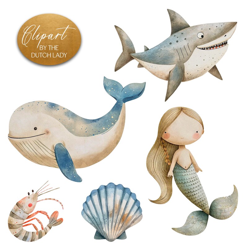 Cute watercolor beige ocean clipart set. Kids illustration style digital images with a sea and ocean theme in muted colors. Animals, mermaid, waterplants, coral, sailboats, waves, seashell. 25 PNG files for personal & commercial creative projects.