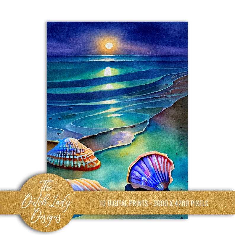 Seashell Beach Postcard Poster Set: Colorful Sea Art (10 JPEG Files ...