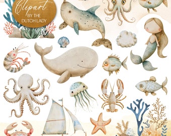 The Beige Ocean Clipart - Watercolor Kids Illustrations - Cute Underwater Graphics - Sea Creatures - INSTANT DOWNLOAD - 25 Digital Images