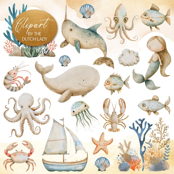 The Beige Ocean Clipart - Watercolor Kids Illustrations - Cute Underwater Graphics - Sea Creatures - INSTANT DOWNLOAD - 25 Digital Images