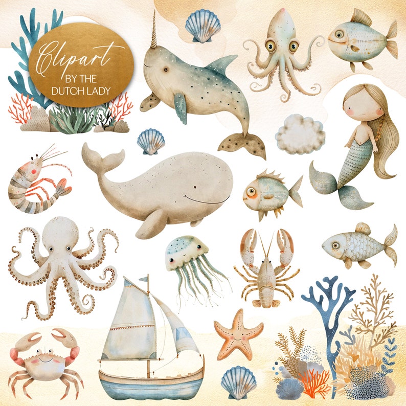 Cute watercolor beige ocean clipart set. Kids illustration style digital images with a sea and ocean theme in muted colors. Animals, mermaid, waterplants, coral, sailboats, waves, seashell. 25 PNG files for personal & commercial creative projects.