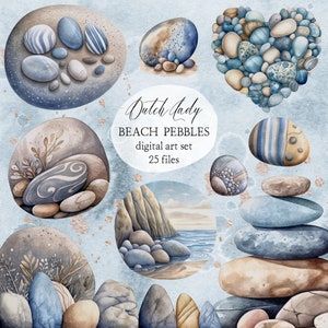 Beach Pebble Clipart: Watercolor Sea Rocks, Scrapbook Paper (Digital Download)