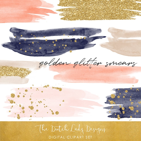 Watercolor Smears With Glitter Accents - In Navy & Blush Tones - INSTANT DOWNLOAD - 29 .PNG Files