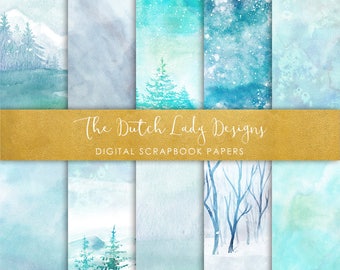 Digital Scrapbook Paper - Watercolor Winter And Ice Scenes - In Aqua & Blue Colors - Frozen Backgrounds - 10 JPEG Files - INSTANT DOWNLOAD