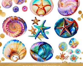 Fantasy Seashell & Starfish Clipart Set - Beach Shell Sticker Graphics - Watercolor Art - Golden Splatter - INSTANT DOWNLOAD - 33 PNG Images