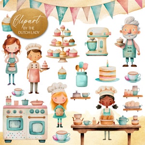 Cute Bakery Clipart - Watercolor Kids Illustrations - Storybook Baker Characters - Bakery Shop Images - INSTANT DOWNLOAD - 25 Digital Files