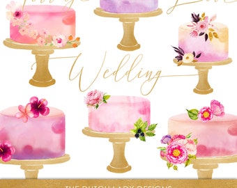 Watercolor Wedding Cake Clipart: Pink, Purple & Gold (PNG Files)