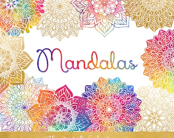 Mandala Clipart Set - Rainbow & Gold - Indian, Thai, Yoga, Holistic Circles - Colorful Mandalas - INSTANT DOWNLOAD - 26 .PNG Files