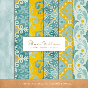 Digital Scrapbook Paper Set - Printable Backgrounds - Ornamental Patterns - Blue - Yellow - Seamless - 6 .JPEG Files - INSTANT DOWNLOAD